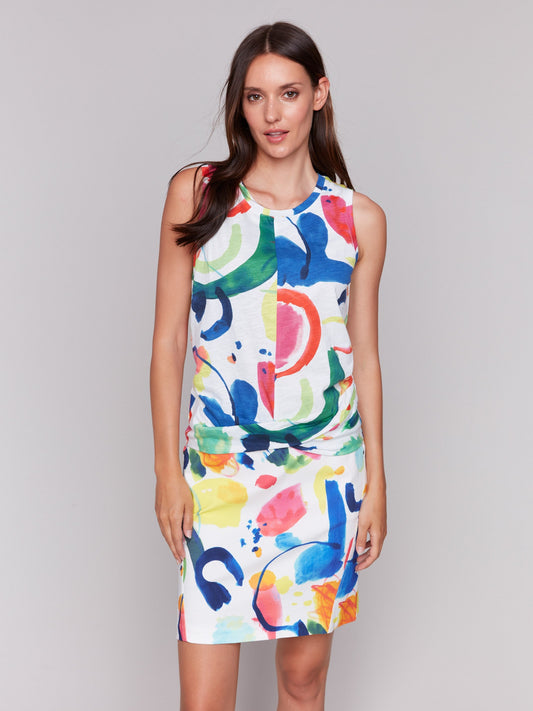 Printed Cotton Slub Tank Top with Knot Detail - Abstract