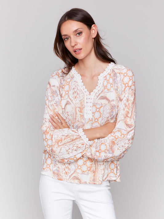 Printed Raglan Blouse with V-Notch Neckline - Papaya
