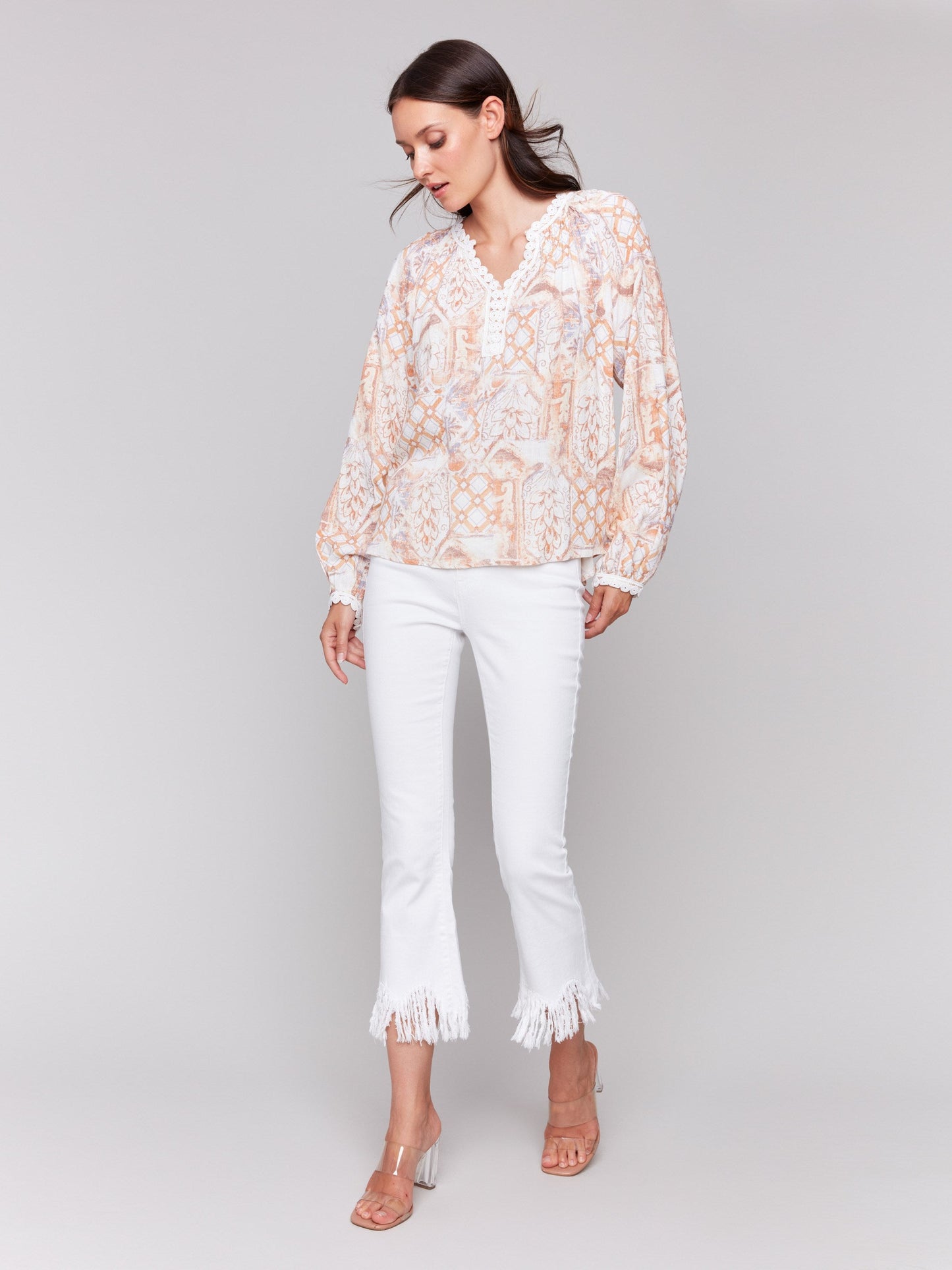 Printed Raglan Blouse with V-Notch Neckline - Papaya