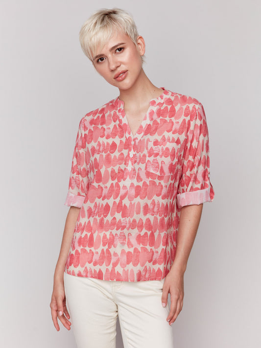 Printed Viscose Half-Button Blouse - Drops