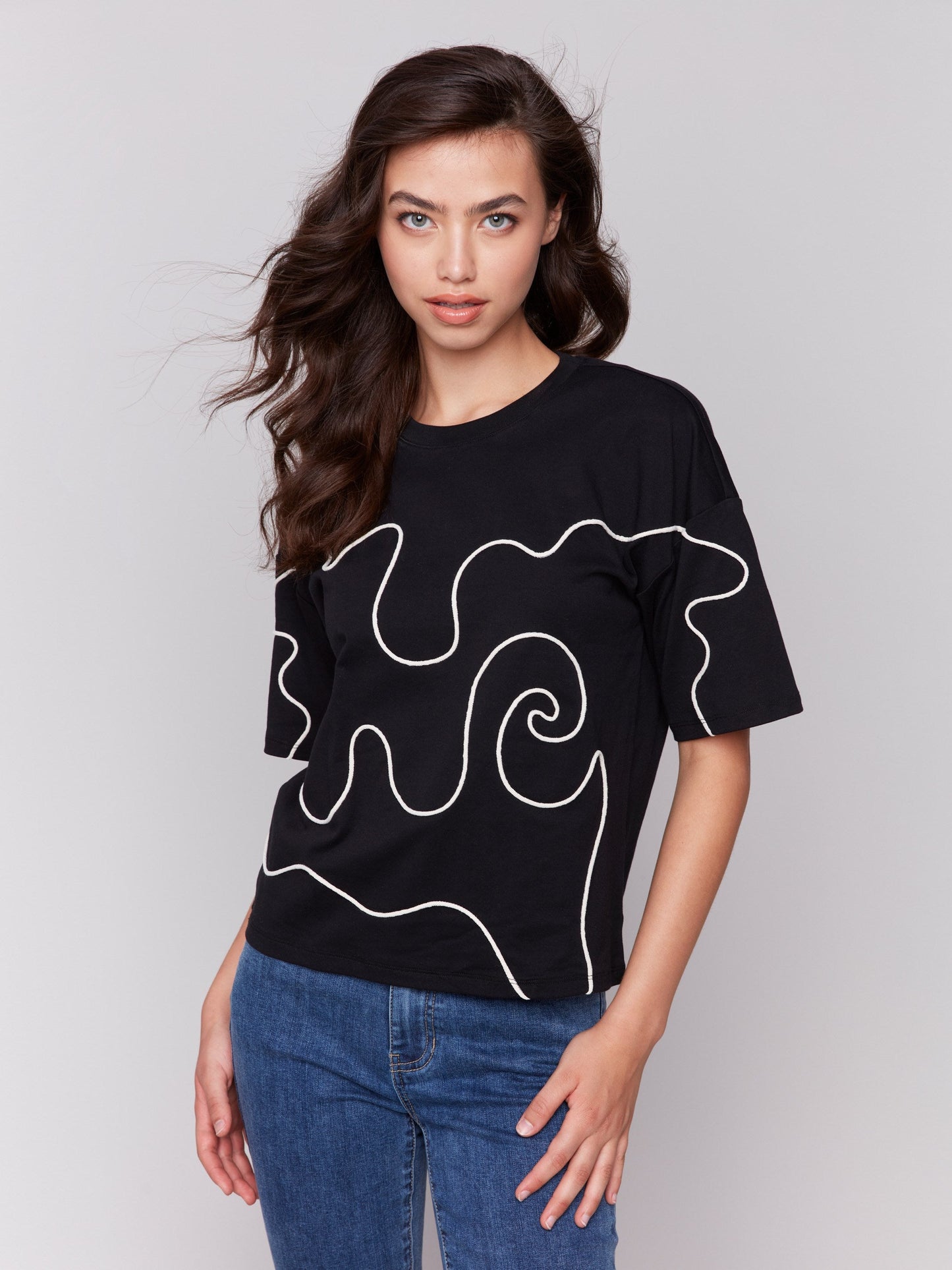 Relaxed Fit T-Shirt with Soutache Detail - Black