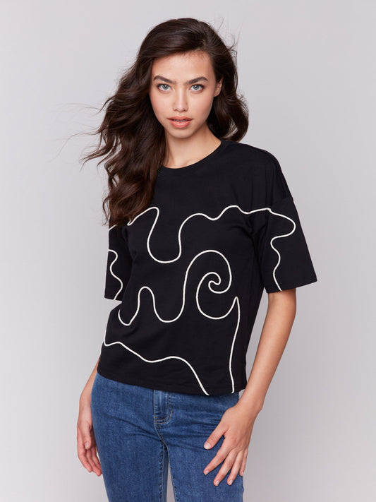 Relaxed Fit T-Shirt with Soutache Detail - Black