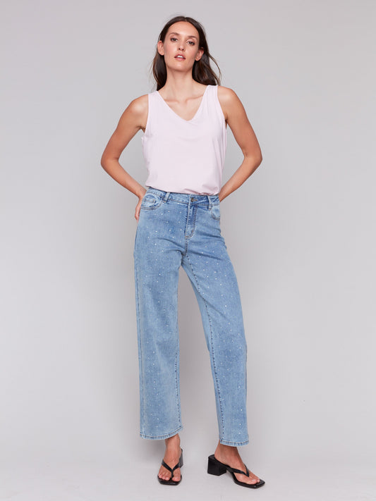 Rhinestone Embellished Wide Leg Jeans - Light Blue