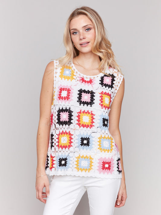 Sleeveless Crochet Crew Neck Top - Multicolor