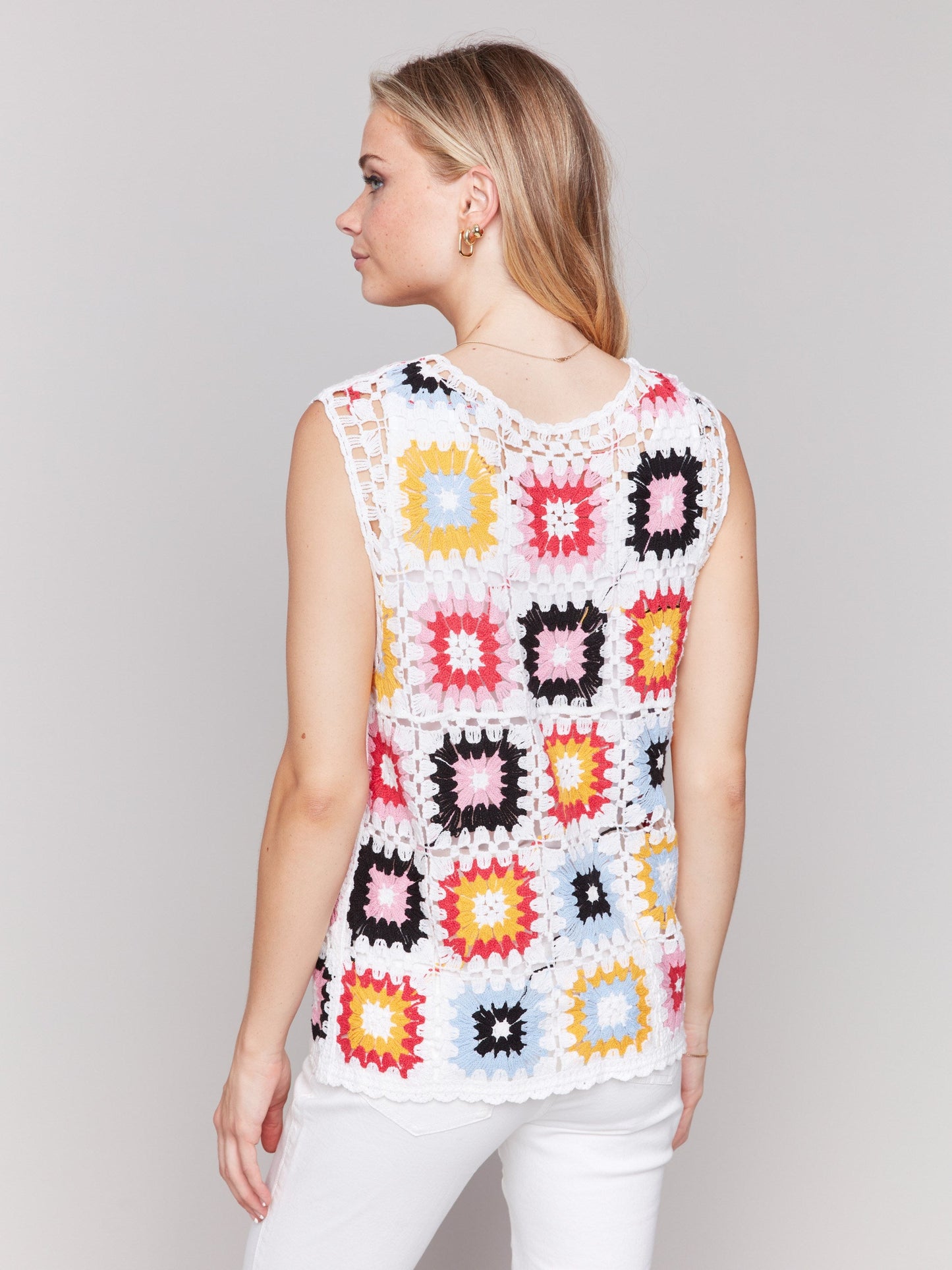 Sleeveless Crochet Crew Neck Top - Multicolor