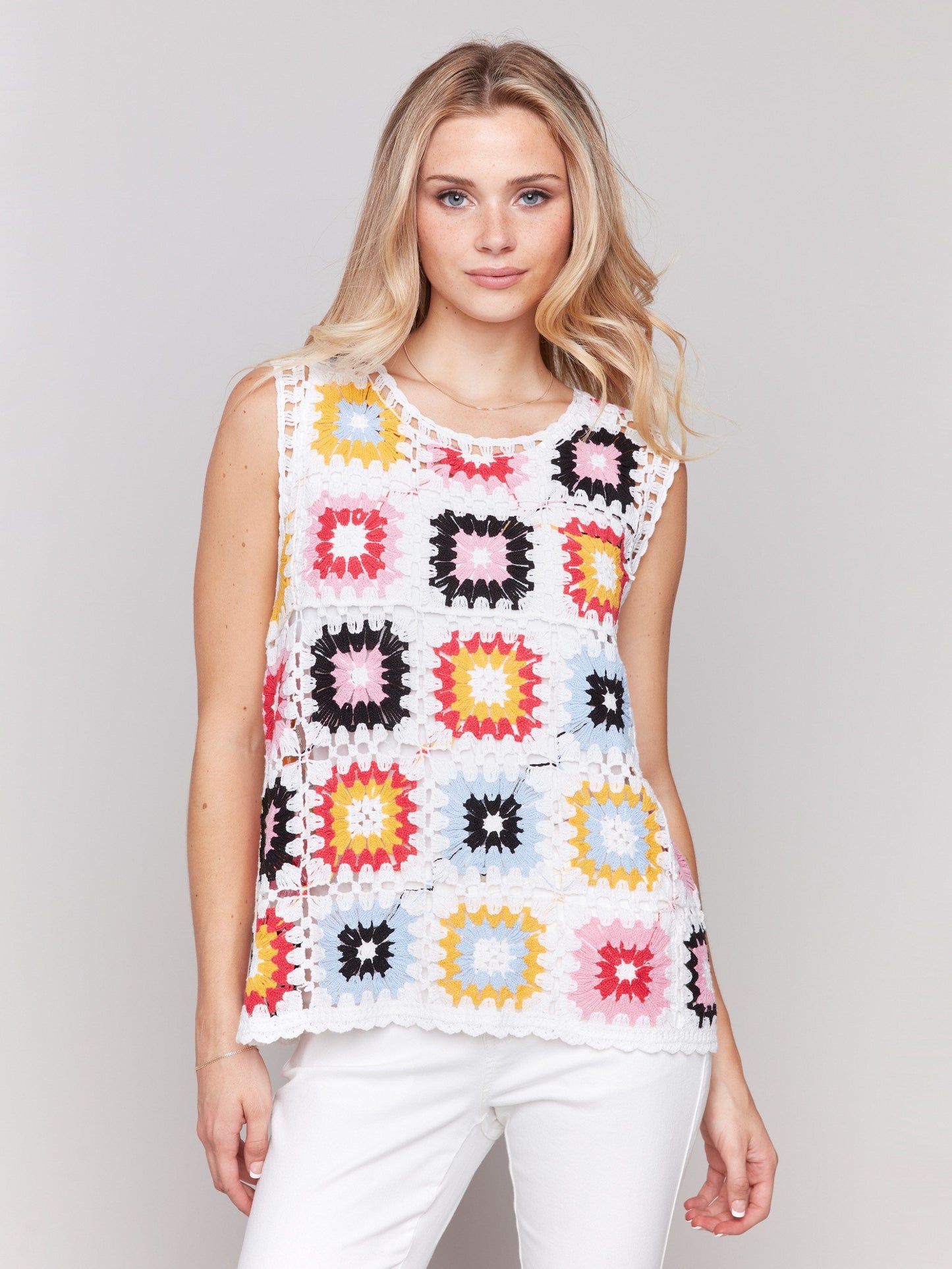 Sleeveless Crochet Crew Neck Top - Multicolor