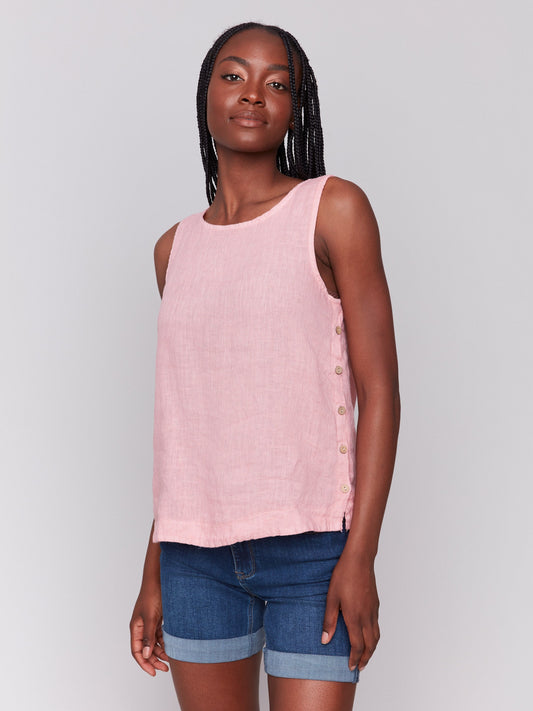 Sleeveless Linen Top with Side Buttons - Guava