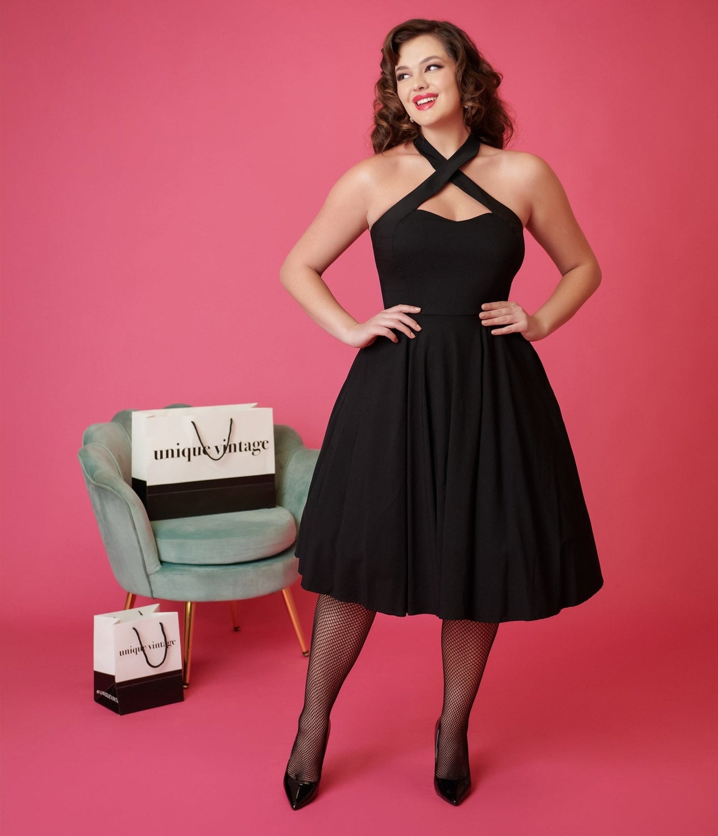 Unique Vintage Black Criss Cross Halter Rita Flare Dress